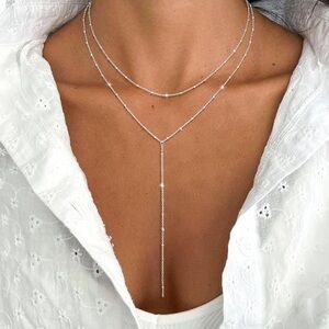 New! Silver Layered Y Beaded Necklace